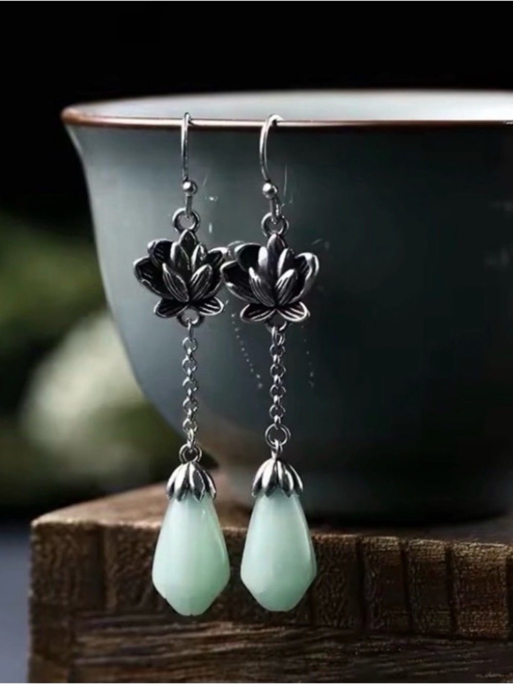 Natural Jadeite A-Grade Burmese Jade Dangle Earrings 925 Sterling Silver